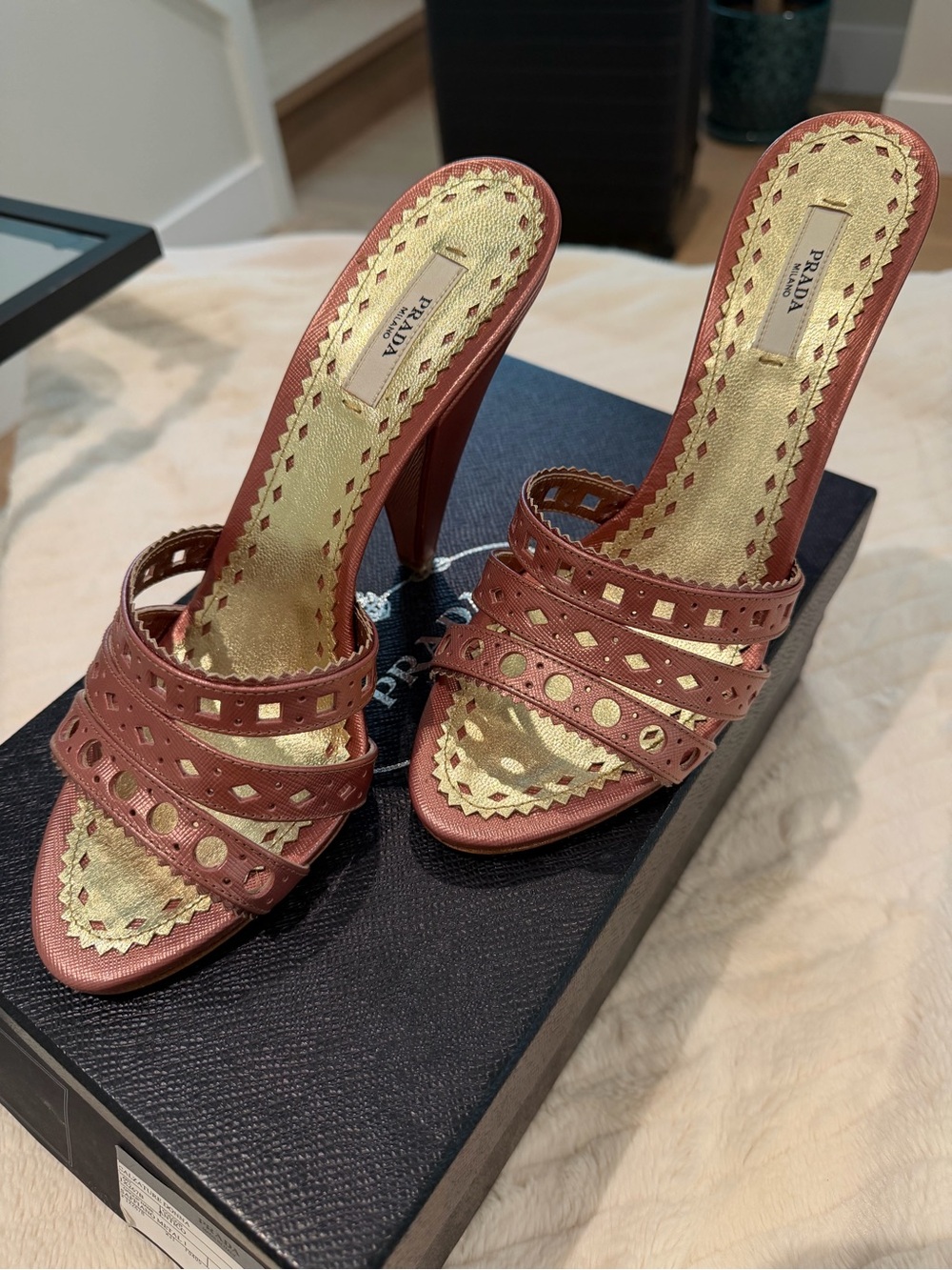 Vintage Prada Saffiano Leather Heeled Sandals – Size 38.5 – Original Box